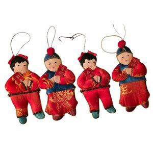 4 Vintage Ornament Dolls Fabric Asian-Inspired‎  In Red & Blue With Gold Accents